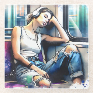 Dessous-de-verre En Verre Femme endormie dans le métro en écoutant de la mus