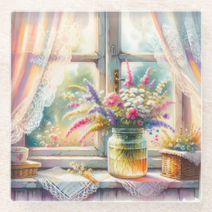 Dessous-de-verre En Verre Fenêtre de cottage ensoleillée avec fleurs sauvage