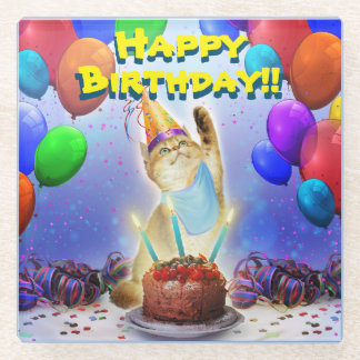 Dessous-de-verre En Verre Festif d'or mignon Anniversaire Kitty