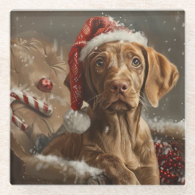 Dessous-de-verre En Verre Fête de Noël de Chien Vizsla (Devant)