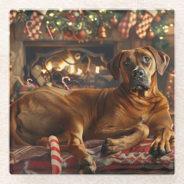 Dessous-de-verre En Verre Fête de Noël du chien de Rhodesian Ridgeback (Devant)