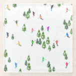 Dessous-de-verre En Verre Fête d'Illustration de ski alpin Freeride<br><div class="desc">skieur d'hiver cool design motif avec skieurs skieurs sur les pistes de la station de ski alpin parmi des sapins enneigés dans les alpes. Les skieurs freeride portent des combinaisons de ski rétro vintages et colorées, descendent en ski avec des skis sur un arrière - plan de paysage de montagne...</div>