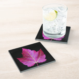 Dessous-de-verre En Verre Feuille de Maple Rouge d'Automne sur Fleur Noir