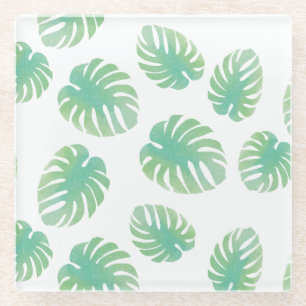 Dessous-de-verre En Verre Feuille de Monstera tropicale verte à l'aquarelle