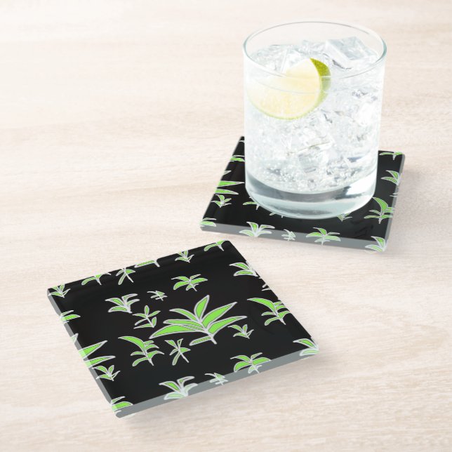 Dessous-de-verre En Verre Feuille verte noir (Incliné)