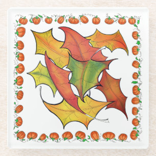 Dessous-de-verre En Verre Feuilles d'automne colorées Citrouille d'automne