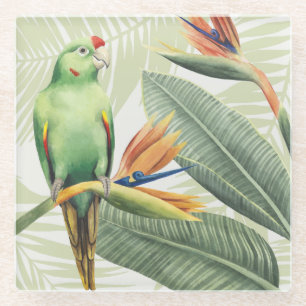 Dessous-de-verre En Verre Feuilles de palmiers à oiseaux verts