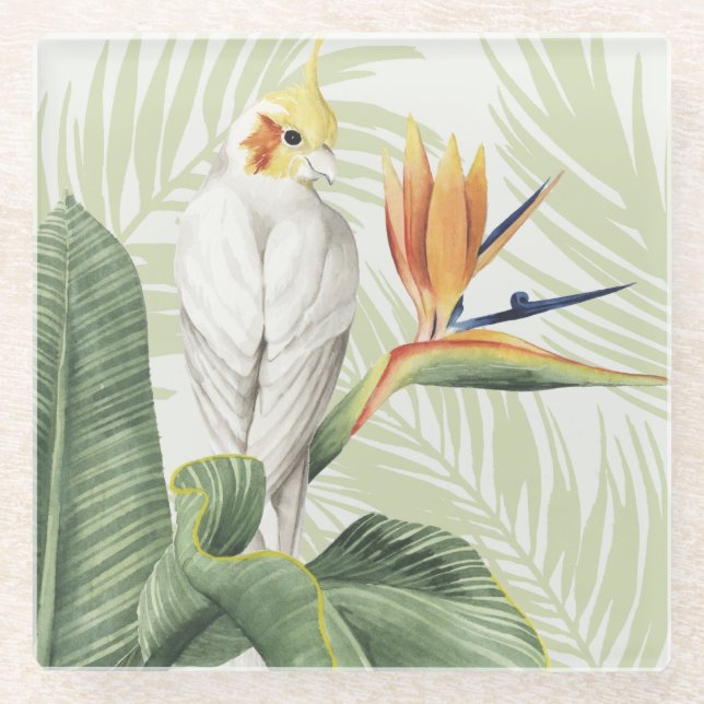 Dessous-de-verre En Verre Feuilles De Palmiers Avec Oiseau Blanc (Devant)