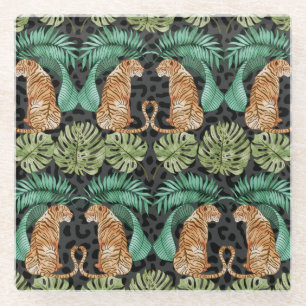 Dessous-de-verre En Verre Feuilles de tigres : Aquarelle Jungle sans joint.