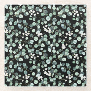 Dessous-de-verre En Verre Feuilles d'Eucalyptus : Motif de fleurs blanches