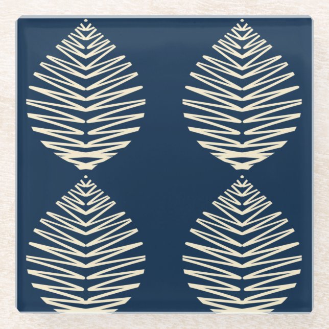 Dessous-de-verre En Verre Feuilles Géométriques | Bleu marine & Beige (Devant)