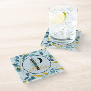 Dessous-de-verre En Verre Feuilles Modernes Navy Or Monogramme "Lettre P"
