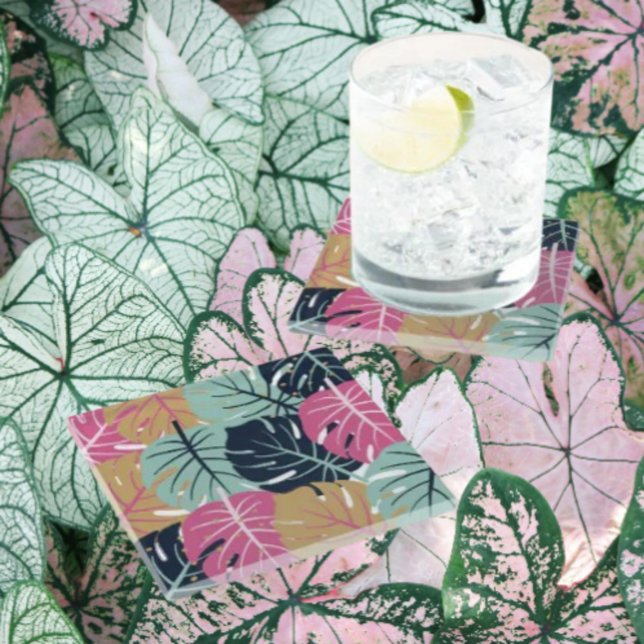 Dessous-de-verre En Verre Feuilles Tropical Palm en rose et bleu | (Créateur téléchargé)
