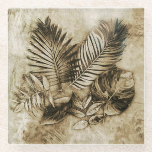 Dessous-de-verre En Verre Feuilles Tropicales sur Fond Texturé avec une Atmo