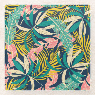 Dessous-de-verre En Verre Feuilles tropicaux colorés : motif d'été.