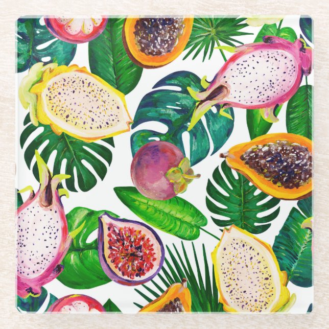 Dessous-de-verre En Verre Feuilles tropicaux, fruits, gouache sans couture m (Devant)