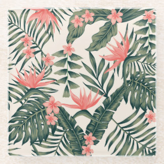 Dessous-de-verre En Verre Feuilles tropicaux, papier peint joyeux sur la pla