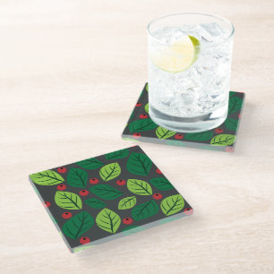 Dessous-de-verre En Verre Feuilles verts, Berries Rouges, Motif Des Feuilles