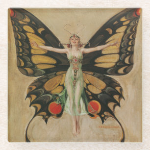Dessous-de-verre En Verre Fille au papillon de Leyendecker Art Déco Vintage