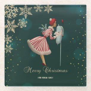 Dessous-de-verre En Verre Fille de Noël vintage, flocons de neige