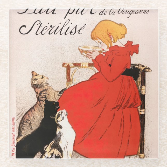 Dessous-de-verre En Verre Fille en Robe Rouge Boire Lait Steinlen Poster (Devant)