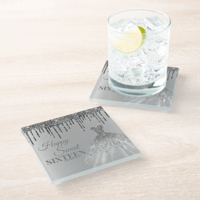 Dessous-de-verre En Verre Fille Silver Sweet 16 Anniversaire Ball Gown Drips (Incliné)