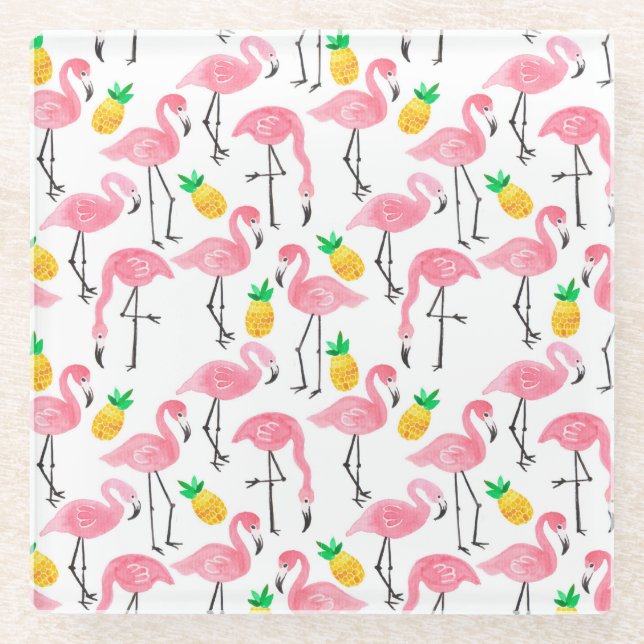 Dessous-de-verre En Verre Flamant rose aquarelle et ananas : Ensemble tropic (Devant)