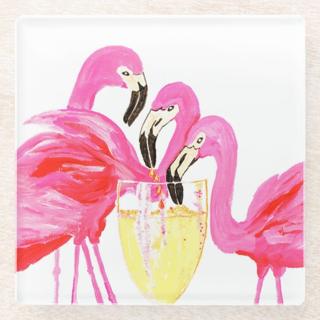 Dessous-de-verre En Verre Flamant rose  au Dessous de verre du vin blanc (Devant)
