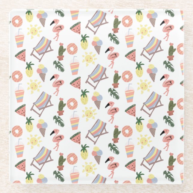 Dessous-de-verre En Verre Flamant rose d'été Doodles tirés à la main (Devant)