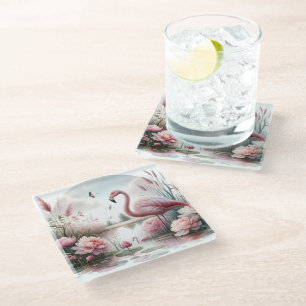 Dessous-de-verre En Verre Flamant rose en Pastel Pond Floral Scene
