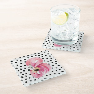 Dessous-de-verre En Verre Flamant rose et points d'aquarelle rose exotique m