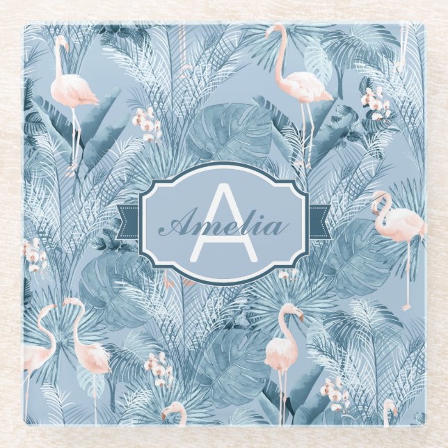 Dessous-de-verre En Verre Flamant rose Orchidée Tropical Motif Blue ID868 (Devant)