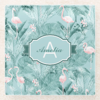 Dessous-de-verre En Verre Flamant rose Orchidée Tropical Motif Turquoise ID8
