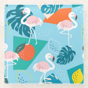 Dessous-de-verre En Verre Flamant rose Tropical, Motif Vintage tendance.