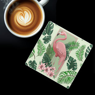 Dessous-de-verre En Verre Flamant Rose Tropical Palme Verte Feuilles Lys