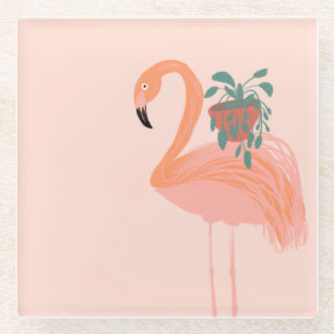 Dessous-de-verre En Verre Flamant tropical avec plante en pot dessinée à la