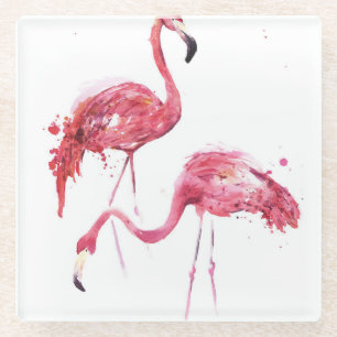 Dessous-de-verre En Verre Flamants roses aquarelle, Design élégant.