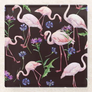Dessous-de-verre En Verre Flamants roses et motifs de fleurs sauvages à l'aq