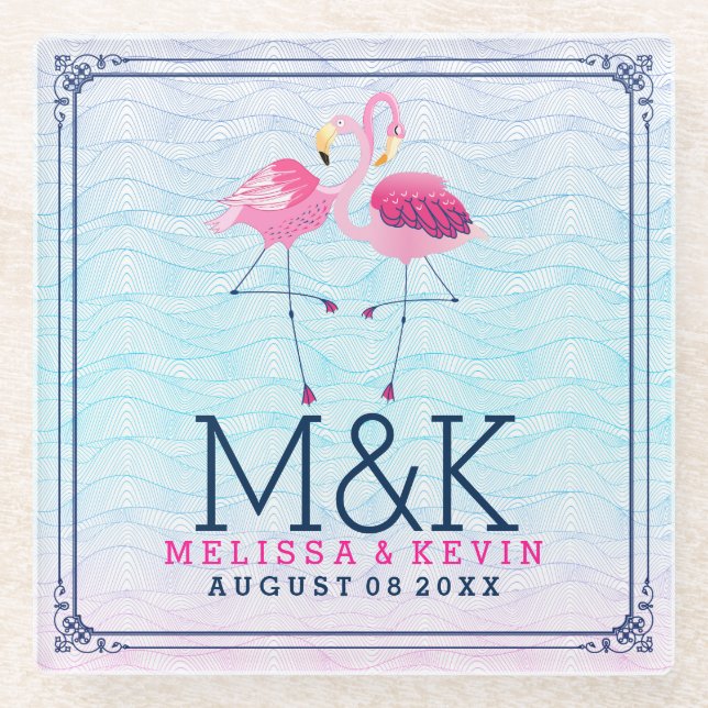 Dessous-de-verre En Verre Flamants roses roses et vagues de plage stylisées (Devant)