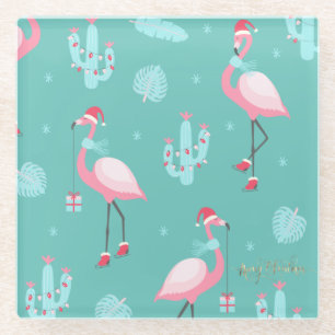 Dessous-de-verre En Verre Flamingos Chapeau de Père Noël Présente Flocons de