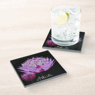 Dessous-de-verre En Verre Fleur Astrantia rose sur Floral noir