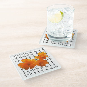 Dessous-de-verre En Verre Fleur Cosmos orange sur grille noire sur blanc