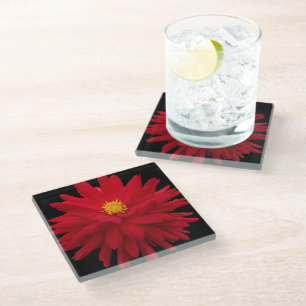Dessous-de-verre En Verre Fleur de dahlia rouge sur la florale noire