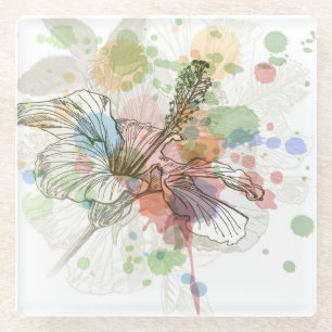 Dessous-de-verre En Verre Fleur de ketmie et arrière - plan d'aquarelle