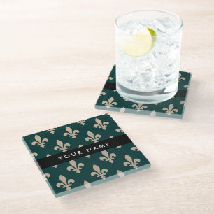 Dessous-de-verre En Verre Fleur de Lis, Beige sur Vert, Royal, Votre Nom