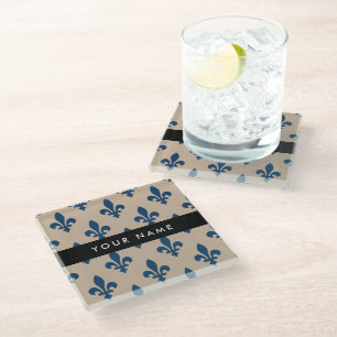 Dessous-de-verre En Verre Fleur de Lis, Bleu Marine sur Beige, Royal, Votre