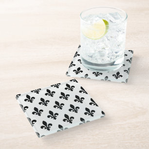 Dessous-de-verre En Verre Fleur de Lis Motif, Royal French, Noir sur Blanc