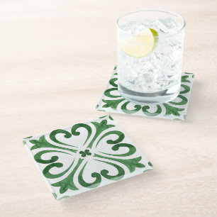 Dessous-de-verre En Verre Fleur de Moroc Floral aquarelle verte et blanche