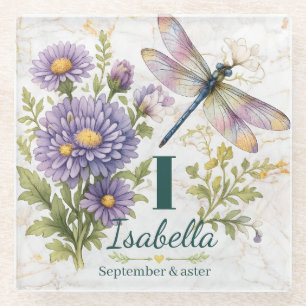 Dessous-de-verre En Verre Fleur de naissance de septembre Aster & Libellule