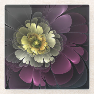 Dessous-de-verre En Verre Fleur fractale grise de pourpre moderne abstraite